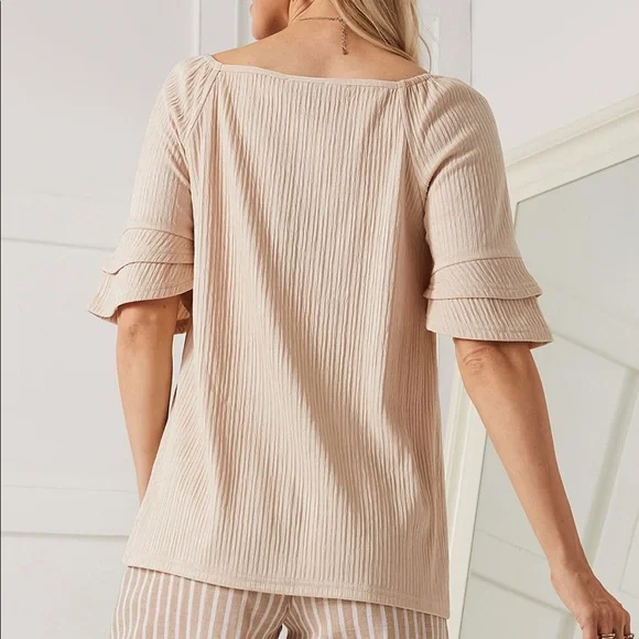 Champagne Pleated Lace-Trim Square Neck Tunic - Picture 2 of 9